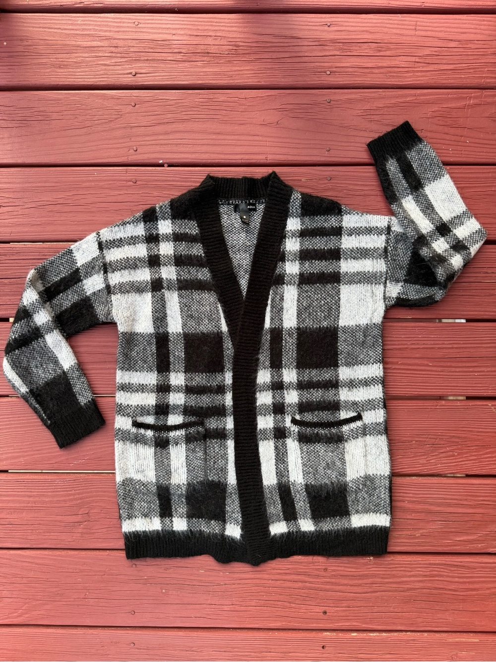 Aqua Black & White Plaid Open-Front Cardigan